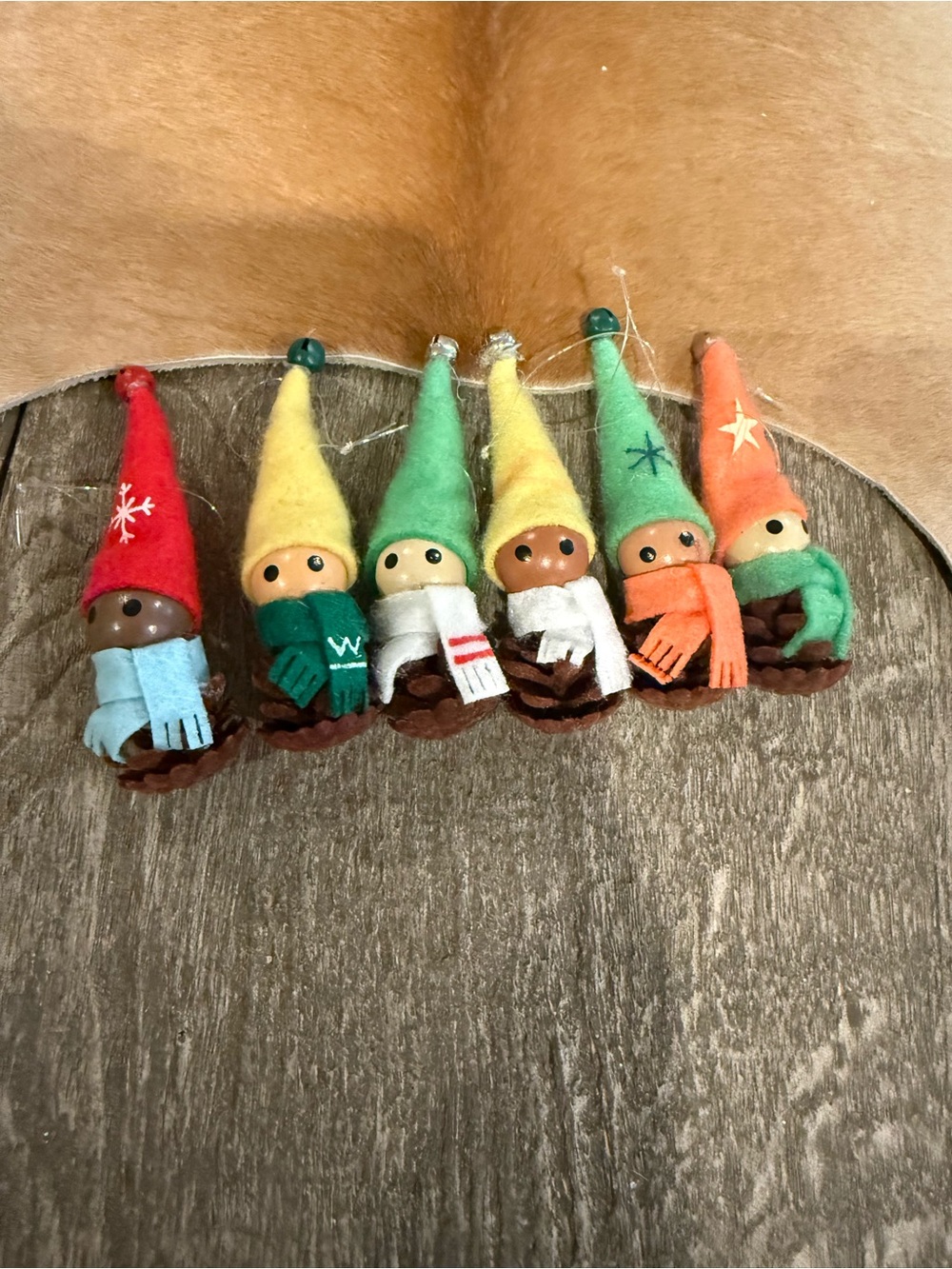 Set of 6 Handmade Felt Pinecone Elf Ornaments - Multi-Color